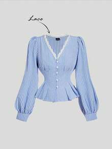 SHEIN MOD 女士撞色蕾丝纽扣设计条纹灯笼袖衬衫