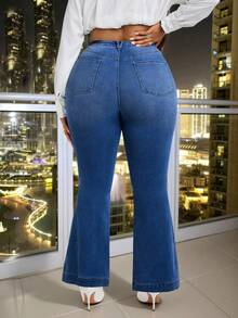 Slaydiva 大码女式弹力水洗牛仔裤，休闲舒适修身喇叭裤，浅蓝色牛仔裤 - 深色水洗藍 - 查看 2