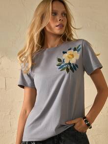 EURMUSE Large Floral Embroidery, Short Sleeve, Statement Chest Design, Feminine Casual Wear, High-Quality Stitching, Boho Collection - Grey - View 1