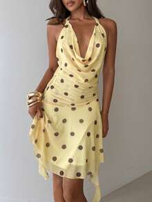Aloruh 女士优雅深V领系带波点印花沙滩度假迷你连衣裙 - 淡黃色 - 查看 9