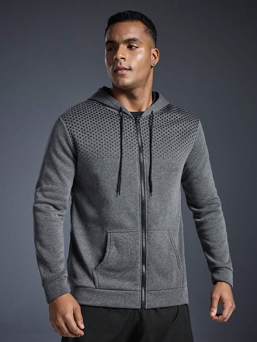 Driftmere Men's Hooded Sweatshirt With Dots And Zipper, For Fall, Long Sleeve Top - Dark Grey - View 1