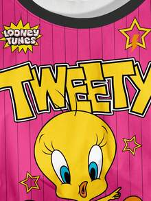 LOONEY TUNES X SHEIN Áo thun ngắn tay nữ họa tiết hoạt hình kẻ sọc, kiểu dáng thường ngày, thích hợp cho mùa hè. - trắng - Xem 3