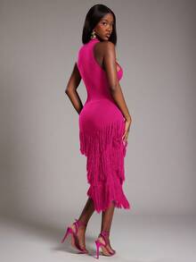 NYA SZN 无袖高领流苏修身罗纹针织连衣裙，弹力面料，适合特殊场合、度假、婚礼、外出、机场等，可爱复古风，秋冬季通勤皆宜，女士必备单品 - 玫紅色 - 查看 2