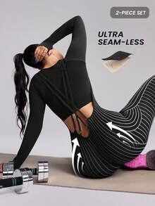 Innovista 女士纯色圆领长袖T恤和条纹背带裤骑行套装 - 黑色 - 查看 2