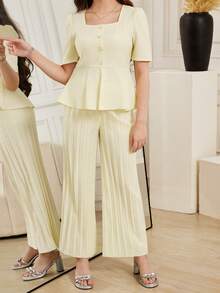 Teen GirlElegant Commuter Style Outfit, Square Collar Short Sleeve Ruffle Hem Blouse + Wide Leg Pleated Pants Set - Apricot - View 5
