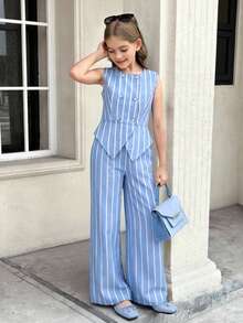 Teen GirlStriped Tank Top With Button Decor & Striped Casual Pants Set - Blue - View 4