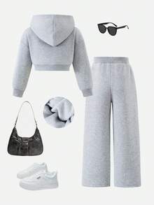 SHEIN Conjunto de sudadera con capucha y pantalón de chándal con cordón estampado de corazón cálido gris de punto informal para niña en otoño - Gris - Ver 3