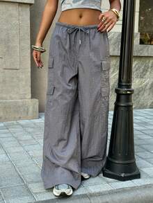 Muchica 女士休闲炭灰色梭织抽绳腰工装裤 - 灰色 - 查看 5