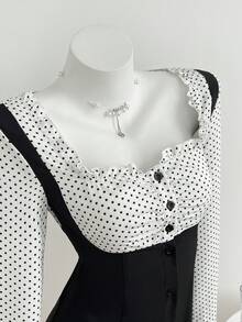 Elamini Women's Summer Dress - Y2K Retro Babe Style, Polka Dot, Waist-Cinching Long Sleeve, Valentine's Day Outfit, Casual Wear - Black and White - View 5
