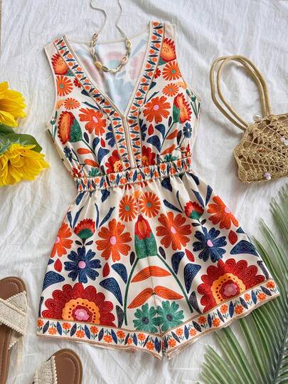 Soleia Women's Floral Print V-Neck Sleeveless Casual Jumpsuit Carnival,
