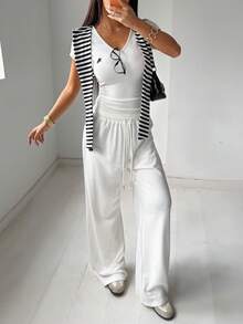 SHEIN EZwear Summer Women's Striped Sailor Collar Embroidered Graphic Short Sleeve Top And Drawstring Waist Wide Leg Pants Casual Outfit Summer Pants Sets - White - View 5