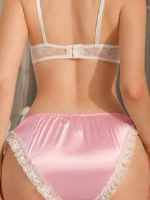 Pink Satin Faille Bow Lace Patchwork Cute Sweet Innocent Women's Panties - Pink - View 2