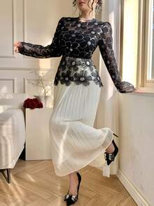 DAZY Đầm organza họa tiết hoa mùa xuân & hè, đính hoa 3D, đá và sequin, thanh lịch cho ngày Valentine, đám cưới, tiệc tùng, dịp trang trọng, dáng ôm, đầm midi xếp ly phối lưới xuyên thấu màu đen trắng, đầm dự tiệc cưới ngày Valentine. - màu đen - Xem 2