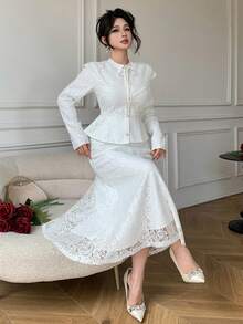 DAZY 优雅白色蕾丝缎带系腰披肩领上衣和半裙两件套，适合情人节、婚礼等场合。 - 米色 - 查看 6