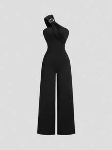 Sweetra Retro Y2K Sexy Hollow Out One Shoulder Backless Romantic Date Casual Vacation Black Jumpsuit For Women