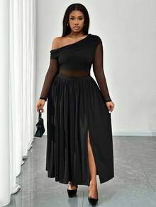 Truni Plus Size Women's Elegant Black Mesh Sheer Shoulder Dress,Autumn Formal Evening Night Out Club Dress For Pear & Triangle Curve - Black - View 5
