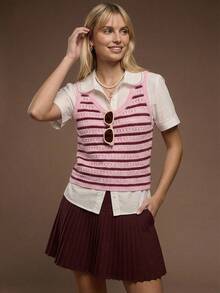 SHEIN Unity Top sin mangas de punto a rayas con estilo universitario vintage, primavera/verano - Rosa - Ver 1