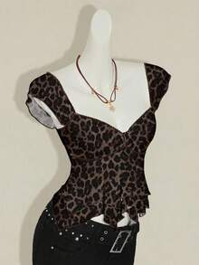SHEIN ICON Women's Retro Leopard Print Knit Double-Layer Ruffle Hem Sweetheart Neck Cap Sleeve Elegant T-Shirt, Suitable For Casual Street Wear, Chic, Y2K Spring - Multicolor - View 3