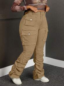 SHEIN SXY Plus Size Women Elastic Blue Denim Jeans With Pockets And Ruched Hem - Khaki - View 3