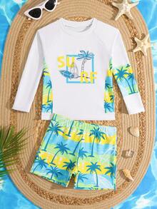 男童椰子树印花泳衣套装，夏季海滩度假 - 彩色 - 查看 3