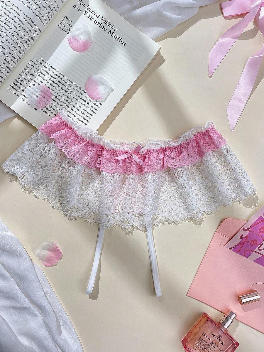 1件蕾丝蝴蝶结装饰性感内裤，适合年轻女士，粉色和白色 - 白色 - 查看 1