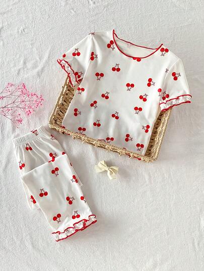 2pcs/Set Young Girl' Minimalist Cherry Print Contrast Trim Layered Sleeve & Hem Short Sleeve Top And Pants Comfy Pajamas Cherry Pajama Set Cherry Pjs Cherry Kids Outfit Cherry Toddler Pajamas Little Girls Summer Pajamas Set
