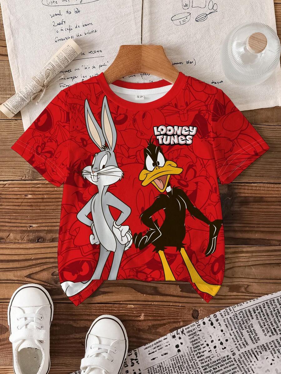 LOONEY TUNES X SHEIN 男童休闲日常通勤街头风趣味卡通字母图案短袖T恤,夏季 - 白色 - 查看 1