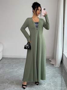 Rafferiza 女士休闲日常格子拼接长袖连衣裙，秋季 - 軍綠色 - 查看 5