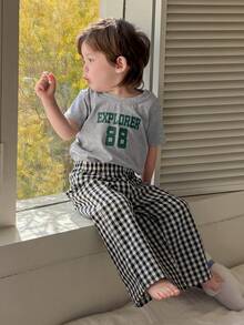 DAZY 男童休闲英文字母印花短袖T恤和格子宽松睡裤套装 - 灰色 - 查看 4