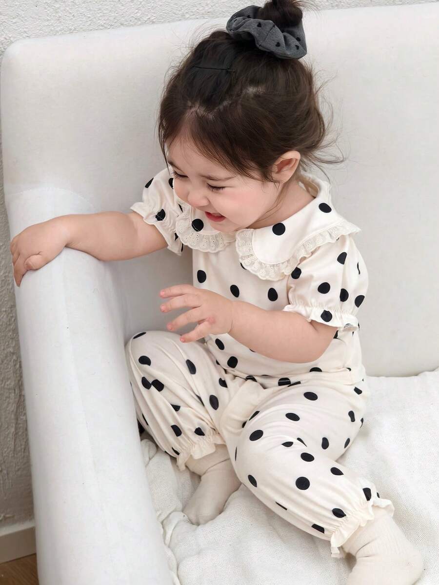 DAZY 女婴波点领刺绣上衣和裤子两件套，休闲家居服 - 米色 - 查看 1