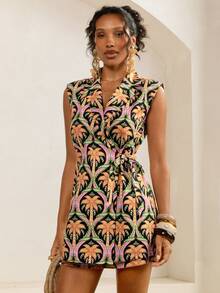 Tropical Plant Print Wrap Sleeveless Jumpsuit, Summer - Multicolor - View 8