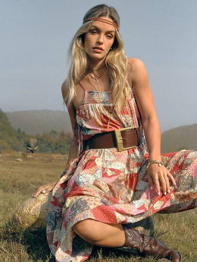 WESTFADE Smocked Square Neck Cut Out Side Tie Sleeveless Patchwork Midi Shift Dress Spring, Resort Wear, Summer, Casual, Cute, Nashville, Cowgirl, Western Clothes For Women, Vacation, Festival