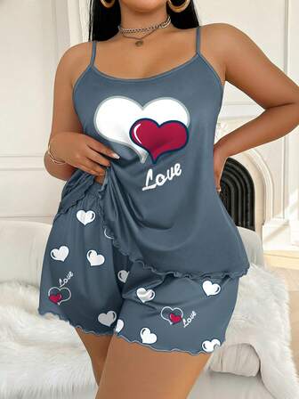Dream Adore Plus Size Heart & Letter Print Camisole & Shorts Pajama Set Valentine's Day Cute Sleep Wear Women Valentine's Day Lounge Short Sets For Women Women Pajama Shorts Set Womens Short Sets Women Short Set Valentine Day