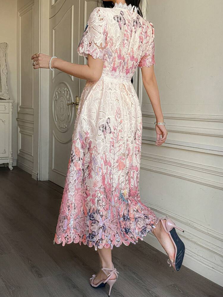 Women's Elegant Floral Lace Patchwork Mid-Length Dress, Summer Wedding Guest Dress Sundress