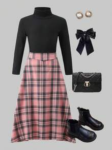 SHEIN 少女高领长袖黑色T恤和格子印花裙优雅两件套 - 粉色 - 查看 3
