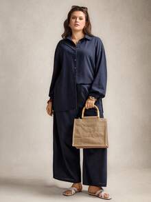 Zelara Plus Size Navy Blue Solid Button Front Long Sleeve Top And Pants 2 Pieces Set,Women's Smart Casual Autumn Vacation Outfits,Modest Abaya Beach Dress - Dark Green - View 6