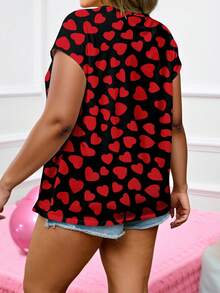 EMERY ROSE Plus Size Women Heart Print V-Neck Raglan Sleeve T-Shirt, Casual & Comfortable Top - Multicolor - View 2