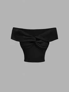 SHEIN MOD 1件/套 女士纯色露肩扭结前襟上衣，春季，多件装，情人节，女士情人节服装，狂欢节，无肩带上衣，70年代，复古，怀旧 - 彩色 - 查看 5