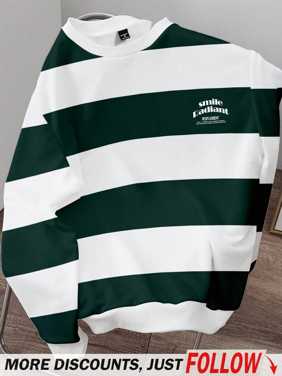 Manfinity Joysei 男士大码休闲条纹套头衫，百搭日常穿着，适合秋冬季节、外出、上学、送朋友，长袖上衣 - 綠色 - 查看 1