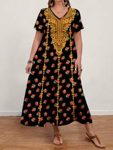 Mellowie 大码女式休闲V领短袖连衣裙，适合夏季穿着 - 彩色 - 查看 8