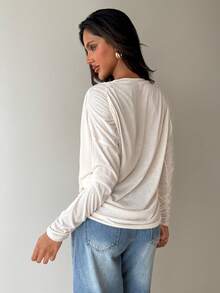 Aloruh Women's Casual Vacation Daily Solid Apricot Ruched Long Sleeve Loose Blouse - Apricot - View 2