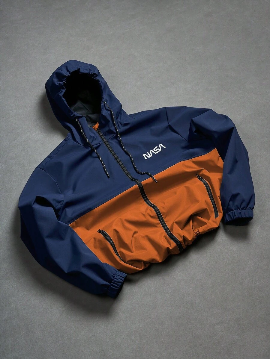 Manfinity Homme 男士长袖宽松双色字母印花连帽户外防风夹克，带抽绳，适合秋季穿着