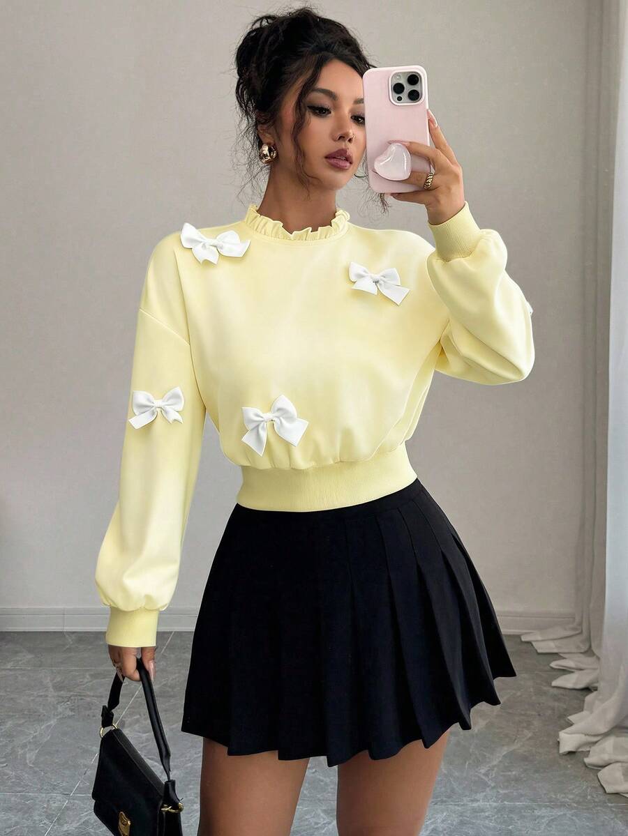 Elenzga Women's Autumn New Fashionable Minimalist Bow Decor Short Sweatshirt - Light Yellow - View 1