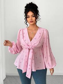 SHEIN Elenzya 大码纹理格纹蝴蝶结印花腰部扭结下摆长袖女式衬衫 - 粉色 - 查看 3