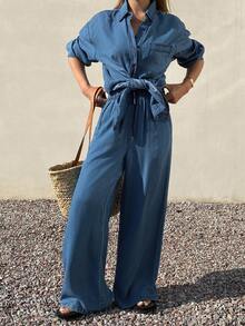 DAZY Women's Casual Washed Pocket Loose Shirt And Wide Leg Jeans Set, Spring/Summer - Blue - View 4