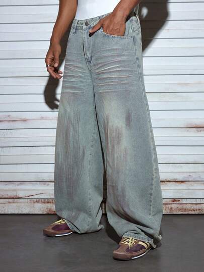 Modcrash 1 chiếc quần jeans nam denim rách kiểu vintage, quần ống rộng thoải mái với họa tiết móng vuốt mèo và kiếm cá tính, phong cách đường phố mùa xuân đến hè.