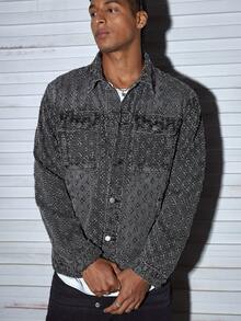 Modcrash Men Long Sleeve Vintage Street Style Casual Denim Jacket , Fall - Dark Grey - View 4