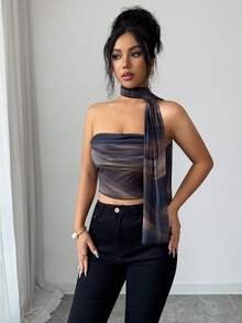 Elenzga Top tubo con volantes de parche de malla con estampado de teñido anudado elegante para mujer, ropa casual de vacaciones, principios de primavera/verano - Marrón - Ver 3