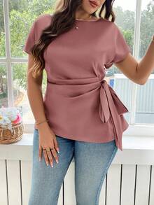 Reflora Cămașă de vară elegantă, casual, cu mânecă tip liliac și nod lateral, mărime plus - Roz Coral - Vizualizare 3