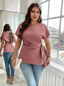 Reflora Cămașă de vară elegantă, casual, cu mânecă tip liliac și nod lateral, mărime plus - Roz Coral - Vizualizare 4